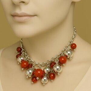 Polished Silver Necklace – Red Bead Cluster & Elegant Drop Design for Women,18"